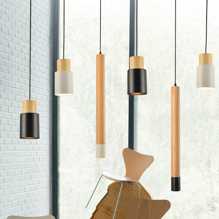 Lámpara colgante LED de 1 luz cilíndrica recta de madera maciza simple 