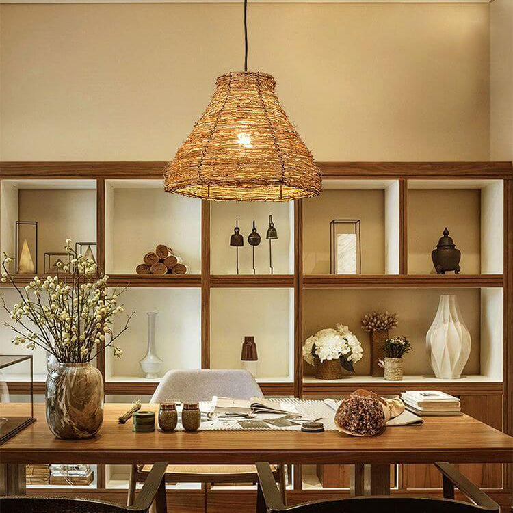 Suspension Luminaire à 1 Lumière en Rotin Rétro Tressé en Dôme 