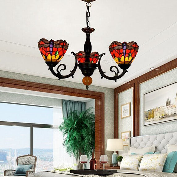 Europäischer Tiffany Rot Libelle Buntglas 3-Licht Kronleuchter 