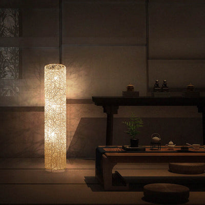 Minimalist Rattan Weaving Column Shaped 3-Light Standing Floor Lamp