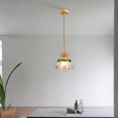 Vintage Bell Brass Glass 1-Light Pendant Light