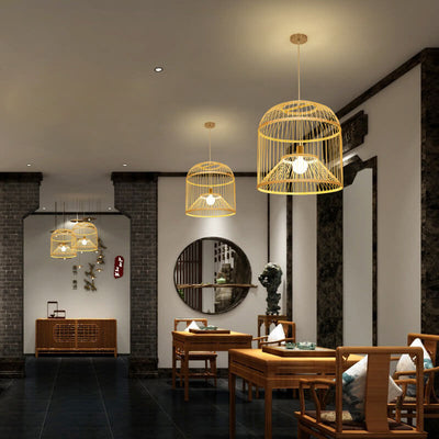 Moderne chinesische Bambusgeflecht-Vogelkäfig 1-Licht Pendelleuchte 
