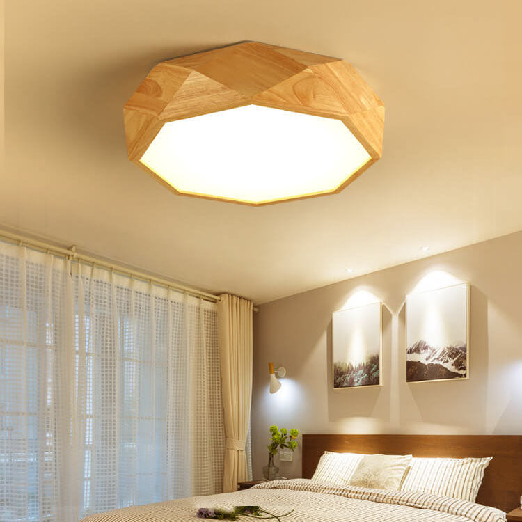 Modern Solid Wood Round Geometric LED Flush Mount Ceiling Light