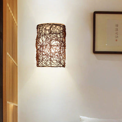 Rattan Weaving Half-Cylinder 1-Light Wall Sconce Lamp