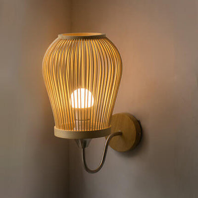 Moderner runder Lampenschirm aus Bambusgeflecht, 1-flammige Wandleuchte 