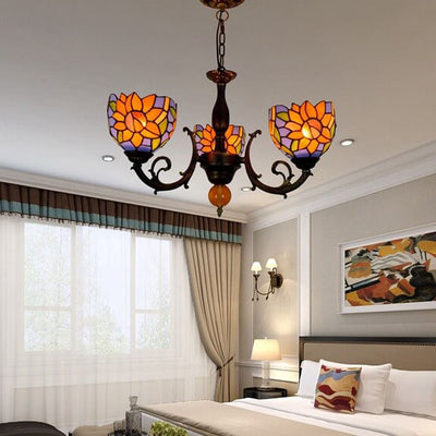 Tiffany Rustic Sunflower Stained Glass 3-Light Chandelier