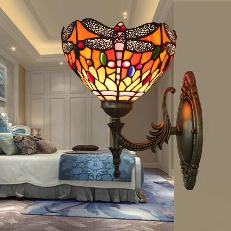 Lámpara de Aplique de Pared de 1 Luz con Vidrio de Libélula Retro Tiffany 