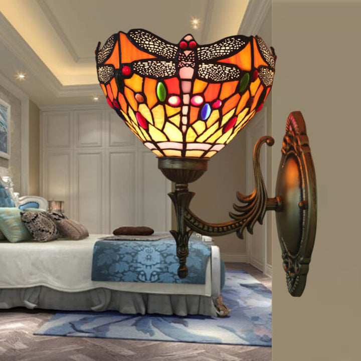 Lámpara de Aplique de Pared de 1 Luz con Vidrio de Libélula Retro Tiffany 