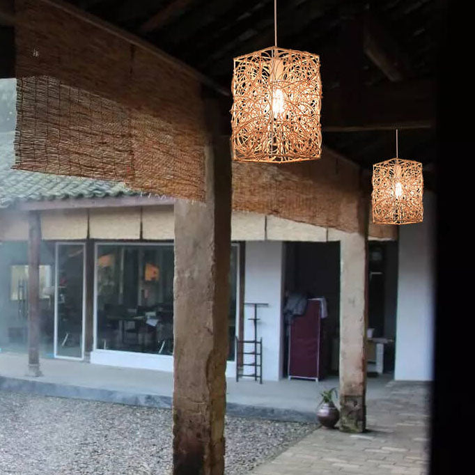 Lámpara colgante de 1 luz con forma cuadrada de tejido de ratán vintage 