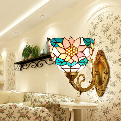 Tiffany Sunflower Stained  Glass Bowl Shade 1-Light Wall Sconce Lamp