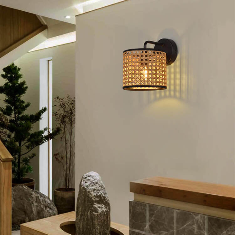 Modern Rattan Weaving Drum 1-Light Wall Sconce Lamp