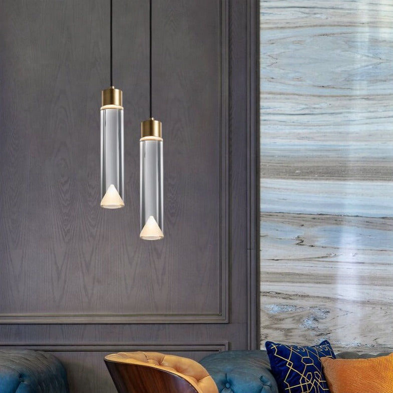 Moderne minimalistische kristallzylindrische Messing-LED-Pendelleuchte 