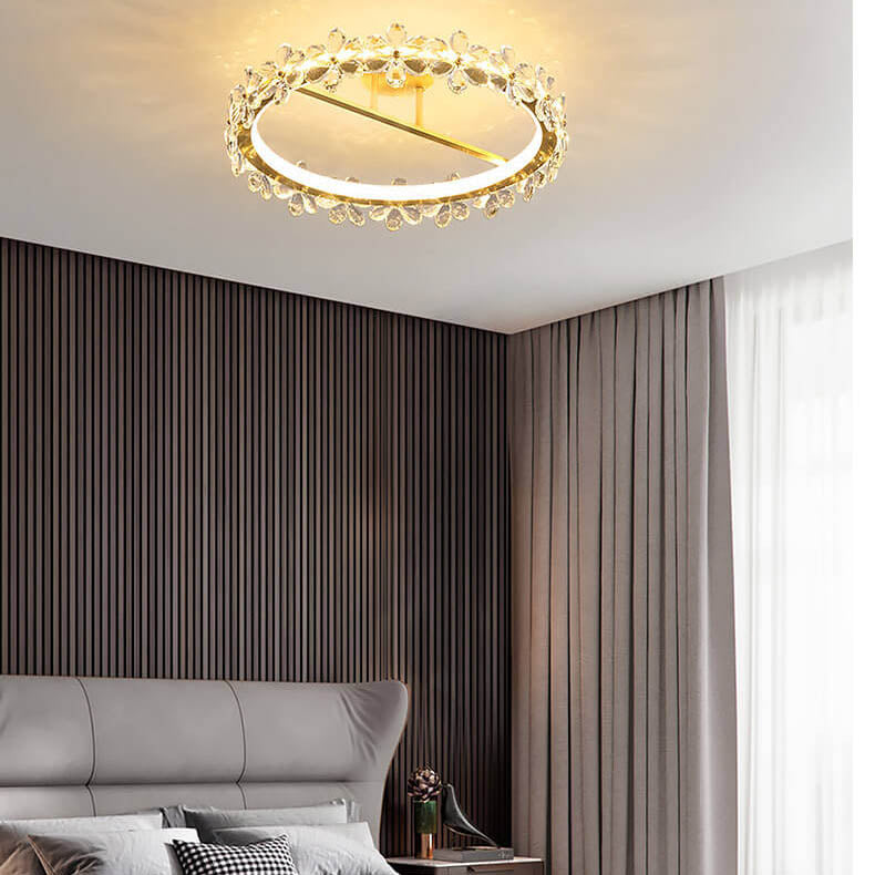 Moderne Luxus Kristall Blütenblatt Ring LED Deckenleuchte in halber Einbauhöhe 