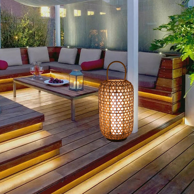 Modern Rattan Weaving Cylinder Outdoor Waterproof Floor Lamp