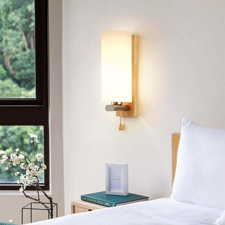 Nordic Wooden Glass Cylindrical 1-Light Wall Sconce Lamp
