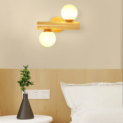 Modern Log Wood Double Glass Globe 2-Light Wall Sconce Lamp