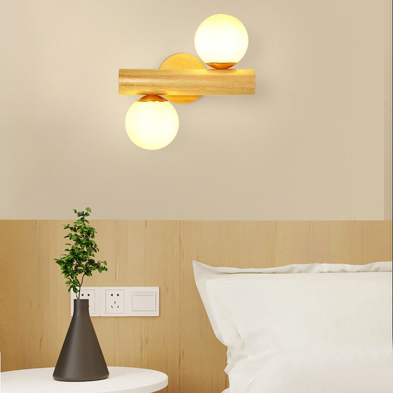 Modern Log Wood Double Glass Globe 2-Light Wall Sconce Lamp