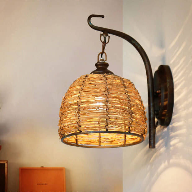 Vintage Rattan Weaving Dome Shade 1-Light Wall Sconce