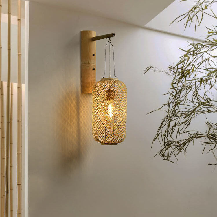 Moderne Bambusgeflecht-Säulenlaterne 1-Licht Wandleuchte 