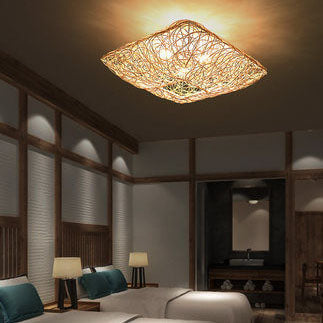 Modern Rattan Weaving Nest Square Shape 3-Light Flush Mount Ceiling Light