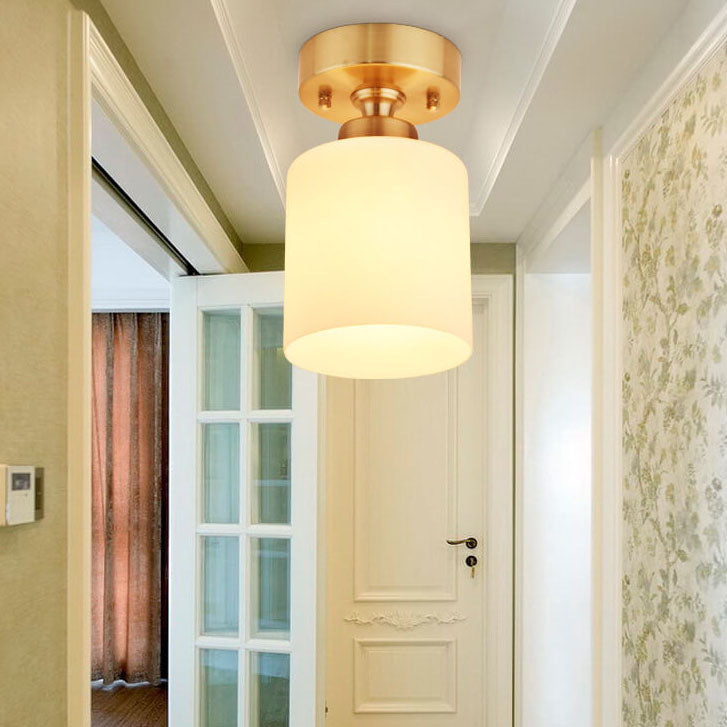Modern White Glass Cylinder Brass 1-Light Semi-Flush Mount Ceiling Light