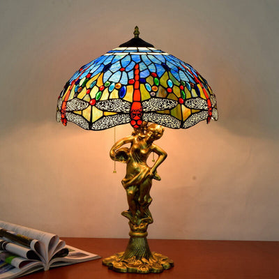 Tiffany Mediterrane Libelle Buntglas-3-Licht-Reißverschluss-Tischlampe