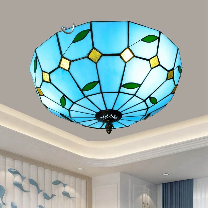 Tiffany Blue Mediterranean Stained Glass 3-Light Flush Mount Ceiling Light