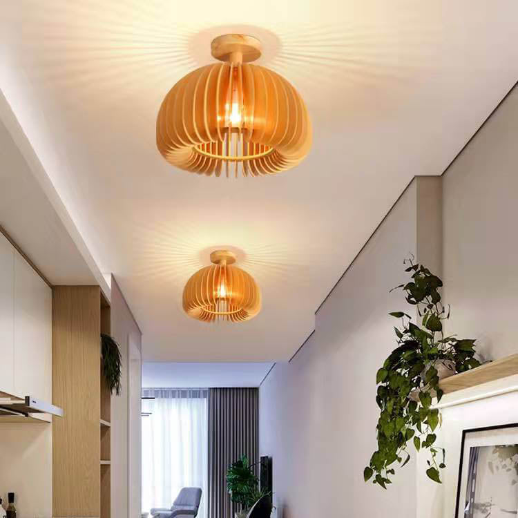 Minimalist Wooden Pumpkin 1-Light LED Semi-Flush Ceiling Light