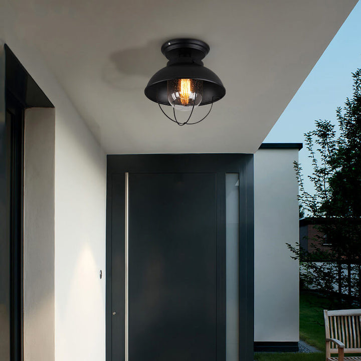 Lustre de plafond semi-encastré à 1 lumière avec abat-jour en verre et dôme en fer industriel pour balcon 