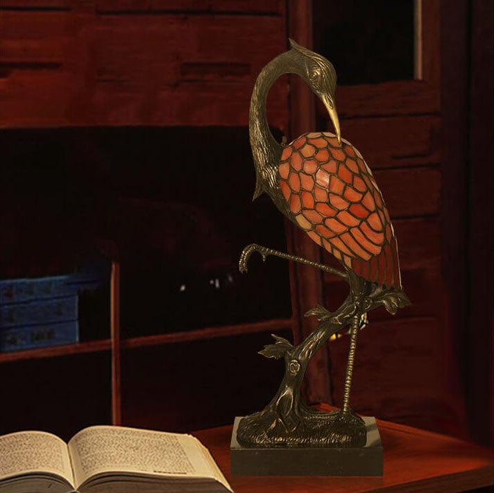 Lampe de table vintage en vitrail à 1 lumière Tiffany Crane 