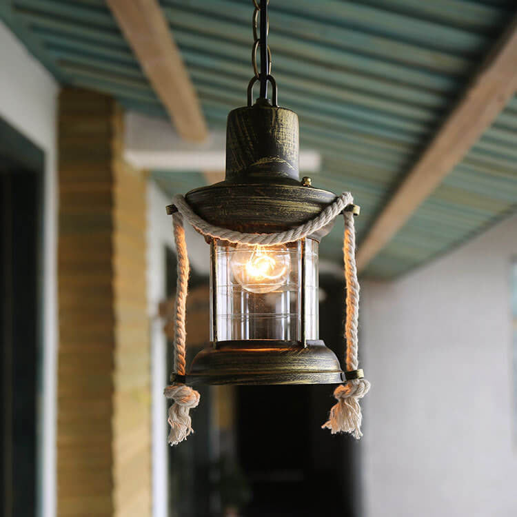 Vintage Hemp Rope Lantern Oil Lamp Iron Pendant Light