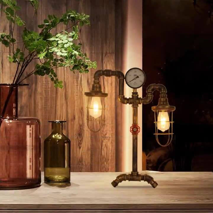 Industrial Vintage Wrought Iron Water Pipe 2-Light Table Lamp