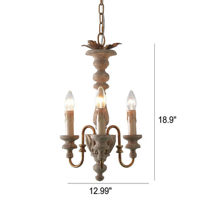 French Vintage Solid Wood Creative Candle Holder Design 3-Light Chandelier