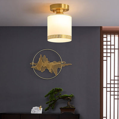 Modern Chinese Full Brass Glass Cylindrical 1-Light Semi-Flush Mount Ceiling Light