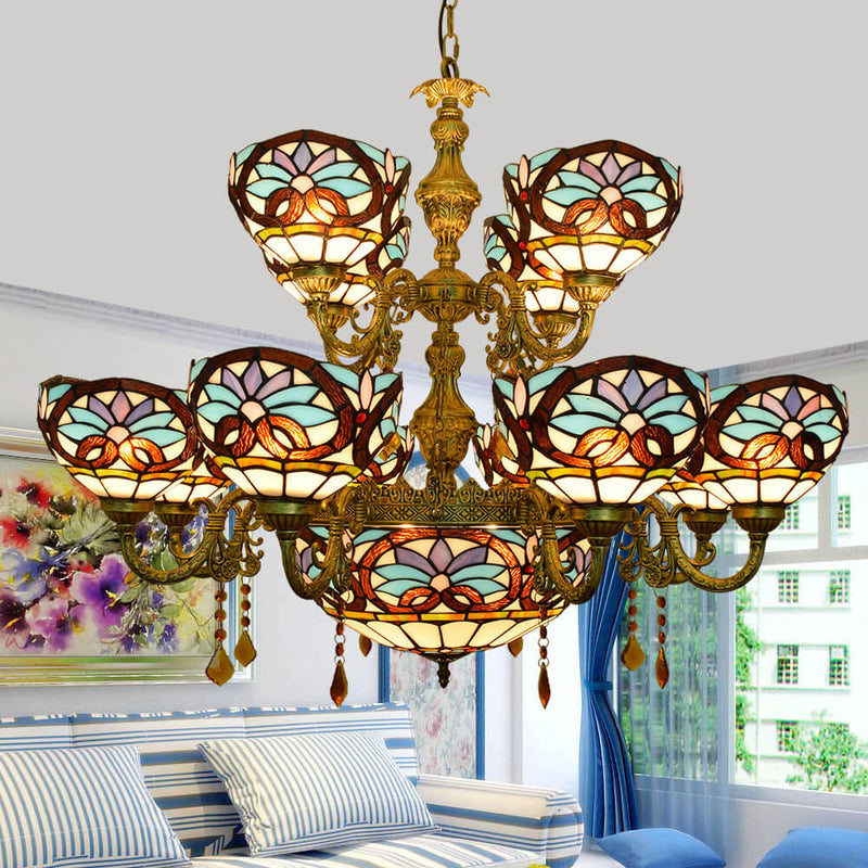 Chandelier européen style Tiffany amour baroque en verre teinté à 15 lumières 