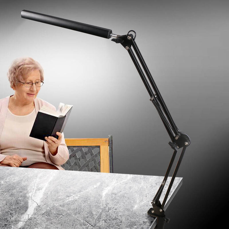 Lampe de bureau de lecture USB à pince à bras long pliable à LED pour protection des yeux