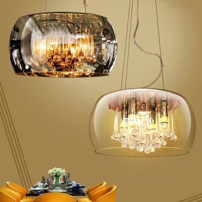 Modern Glass Shade Crystal Hanging 6-Light Chandelier