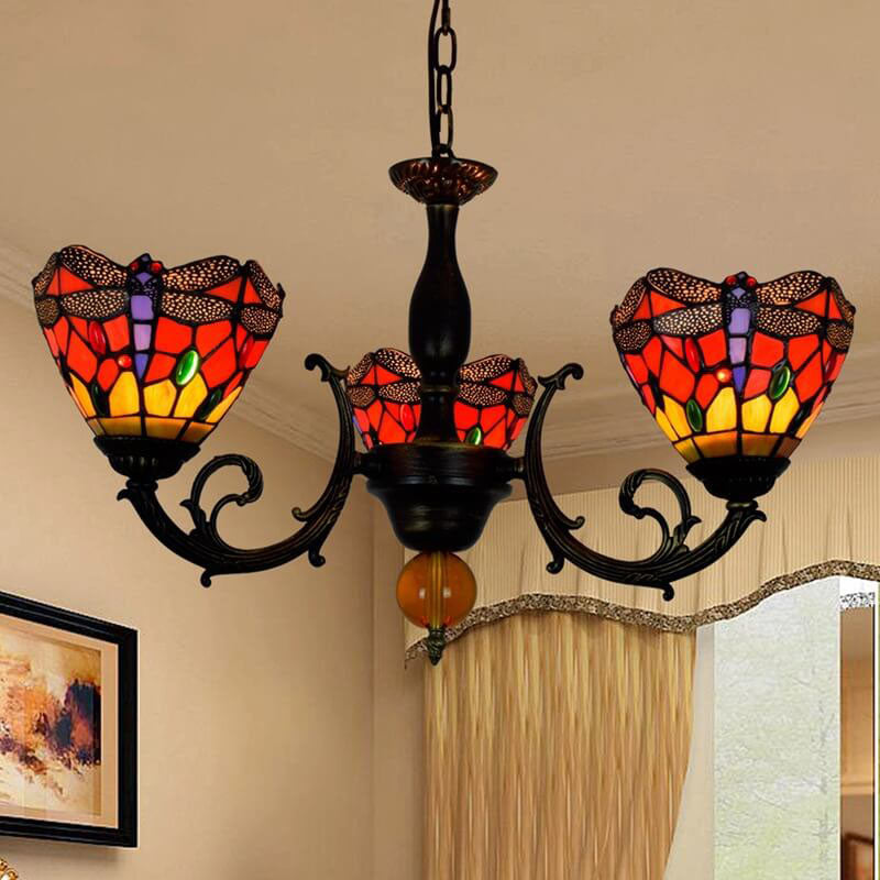 European Tiffany Red Dragonfly Stained Glass 3-Light Chandelier