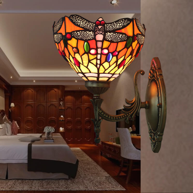 Lámpara de Aplique de Pared de 1 Luz con Vidrio de Libélula Retro Tiffany 