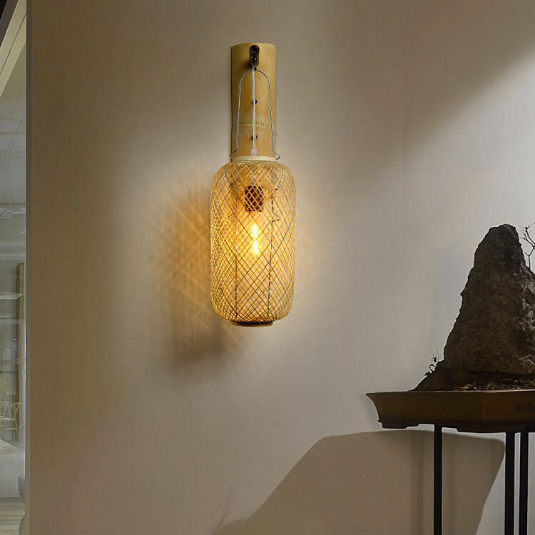 Moderne Bambusgeflecht-Säulenlaterne 1-Licht Wandleuchte 