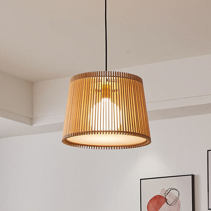 Modern Wood Bucket 1-Light Japanese Pendant Light