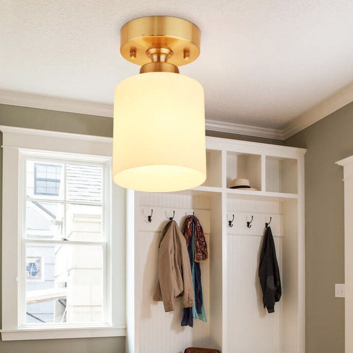 Modern White Glass Cylinder Brass 1-Light Semi-Flush Mount Ceiling Light