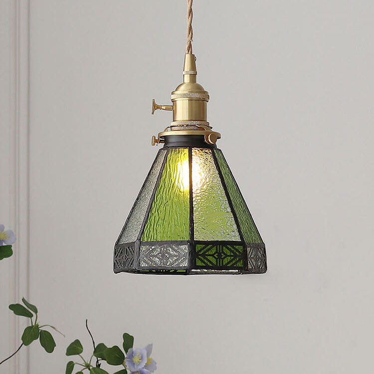 Vintage Mediterranean Glass Shade Brass 1-Light Pendant Light