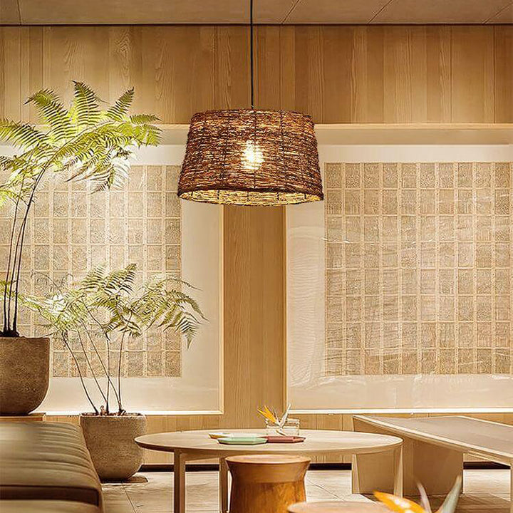 Suspension Luminaire à 1 Lumière en Rotin Rétro Tressé en Dôme 