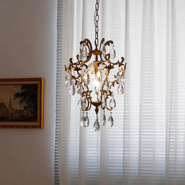 Lámpara colgante elegante de 1 luz de cristal de latón vintage francés 
