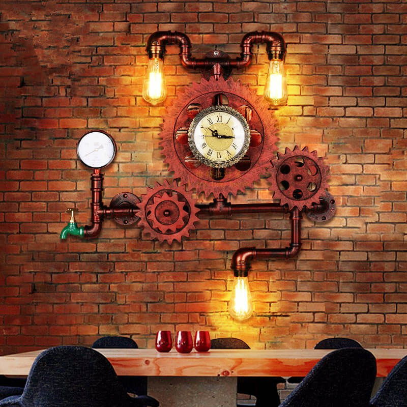 Vintage Industrial Gear Water Pipe Clock 3-Light Wall Light