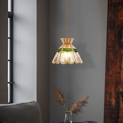 Vintage Bell Brass Glass 1-Light Pendant Light