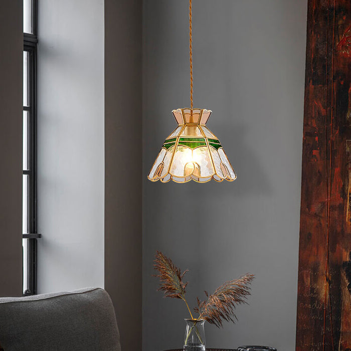 Vintage Bell Brass Glass 1-Light Pendant Light