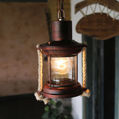 Vintage Hemp Rope Lantern Oil Lamp Iron Pendant Light