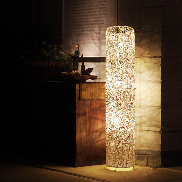 Modern Minimalist Iron Rattan Weaving Column Shaped 3-Light Standing Floor Lamp For Living Room &amp; Bedroom